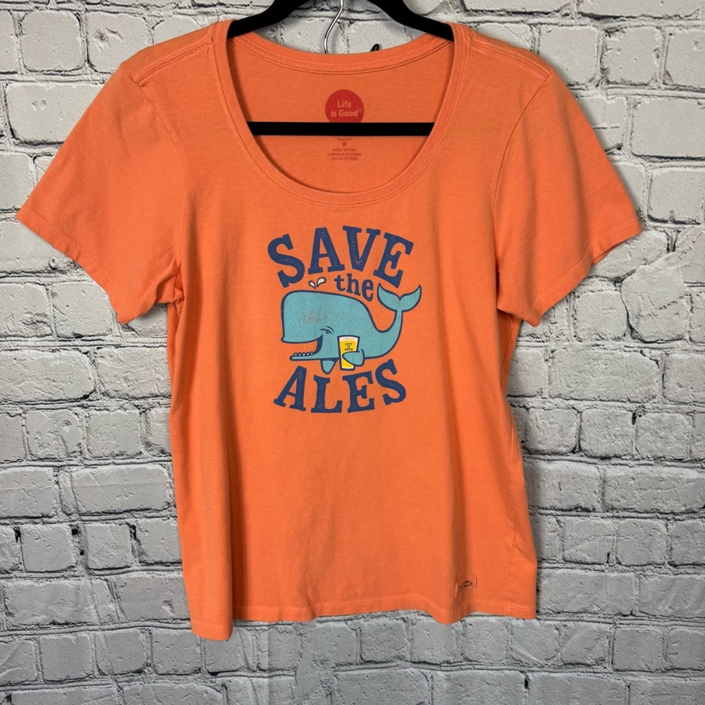 Life Is Good Orange Tee w/ Blue “Save The Ales” Text Whale Beer Ale Graphic Sz M